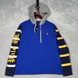 Polo Ralph Lauren Shirt Mens Large Blue Hooded Henley Rugby Stripe Graphic T